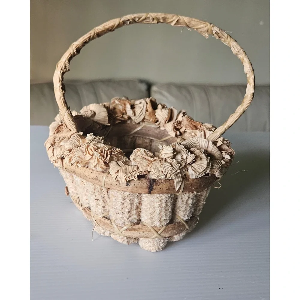 Vintage Natural Corn Husk and Cob Decorative Basket with Floral Trim Rustic Folk